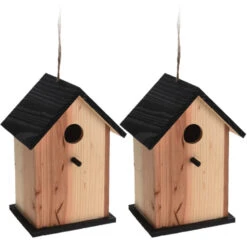 Merkloos Vogelhuisje - Zwart En Naturel - Hout - Ophangbaar - 22 Cm -Groene Hoek 1000058157 0102