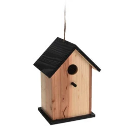 Merkloos Vogelhuisje - Zwart En Naturel - Hout - Ophangbaar - 22 Cm