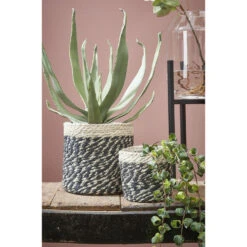 Mica Decorations Plantenmand - Naturel Met Zwart - Rotan - 12 X 12 Cm -Groene Hoek 1689710001 0103