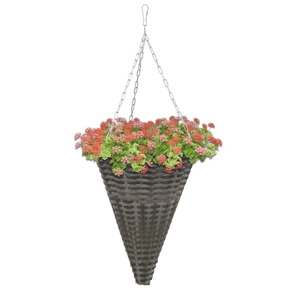 VidaXL Bloemenmanden Hangend 2 St Poly Rattan Grijs 4 VidaXL Bloemenmanden Hangend 2 St Poly Rattan Grijs - Afbeelding 2